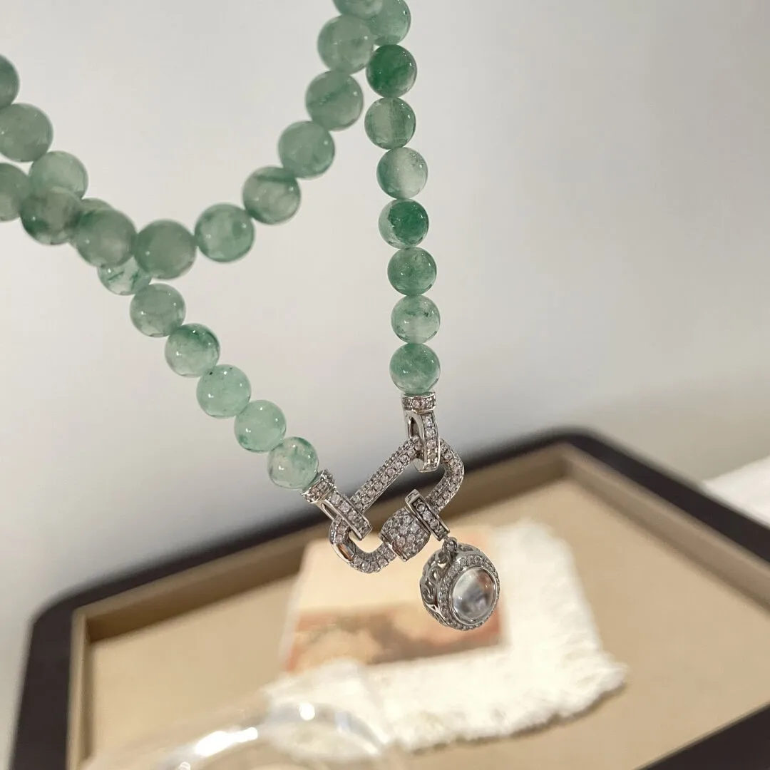 Fresh green simple and natural chalcedony round beads necklace fashion full diamonds high-end clavicle chain elegant jewelry