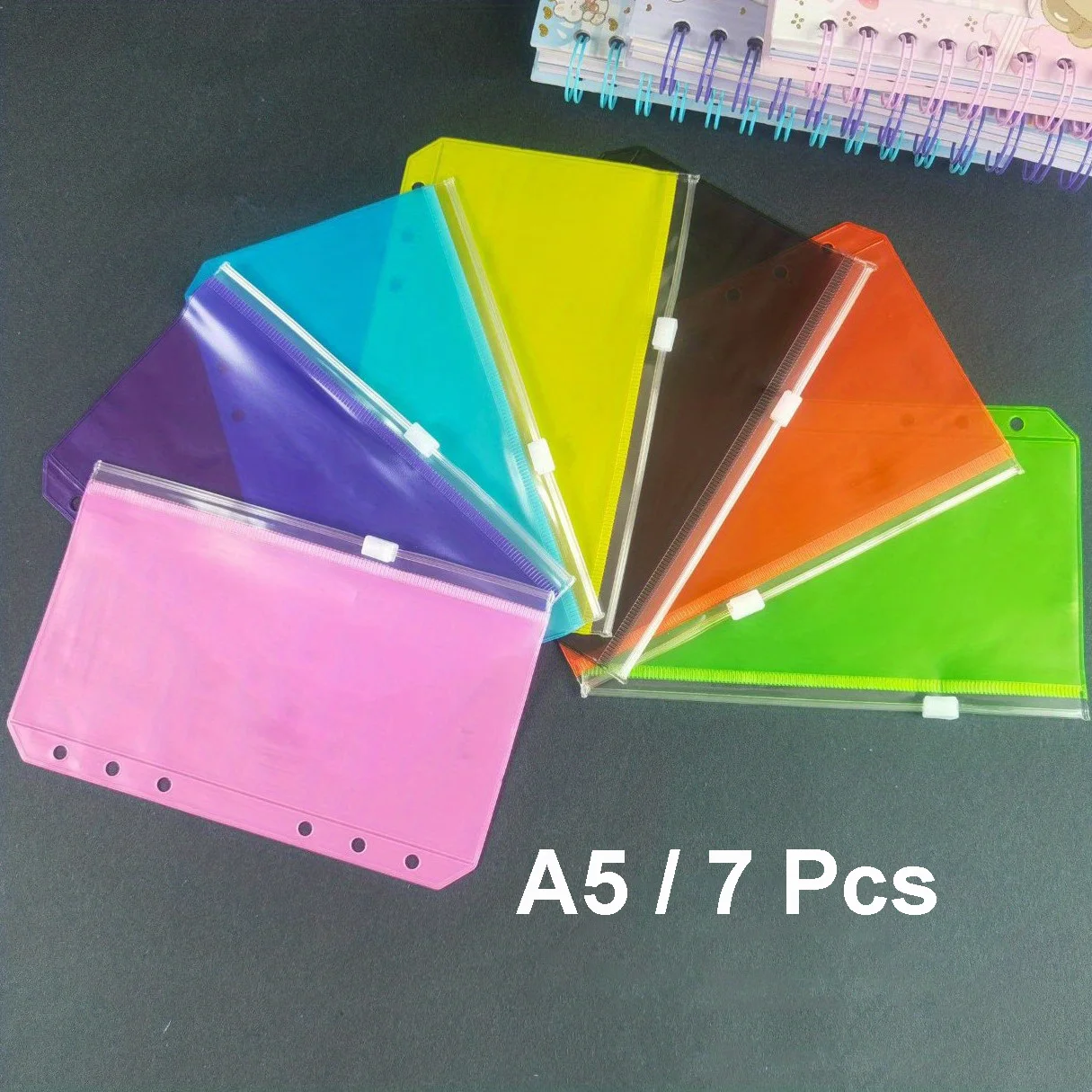7 Pcs Vibrant A5 Zippered Binder Pockets Waterproof PVC 6-Ring Compatible For Budget Planners Notebook Inserts Receipts Storage