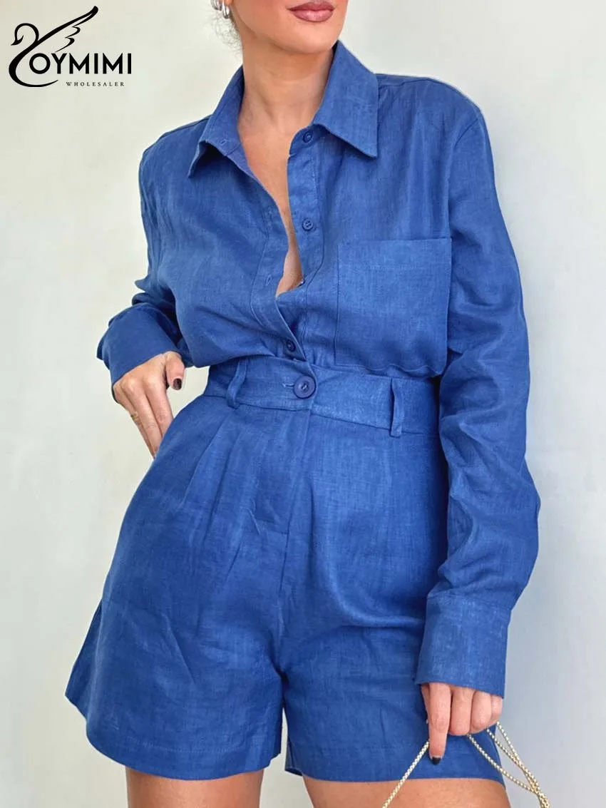 Oymimi Casual Blue Cotton Women 2 Piece Set Outfit Elegant Lapel Long Sleeve Buitton Pockets Shirts And High Waisted Shorts Sets