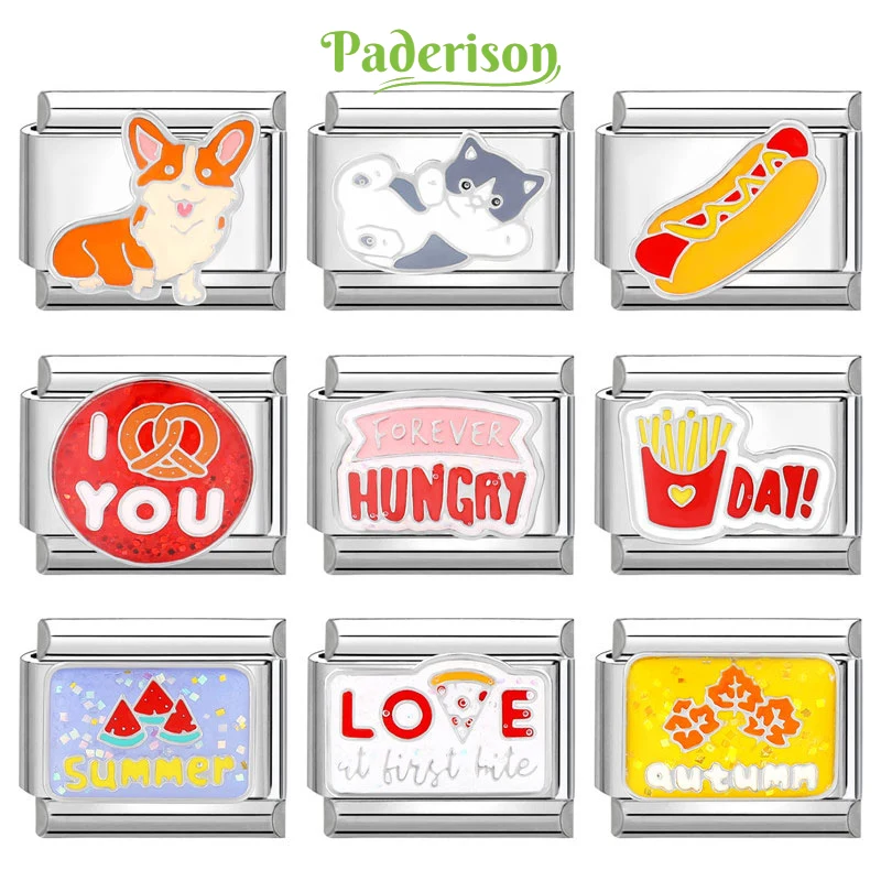 Paderison Creative Charm Bracelet Fries Bread Cat Corgi Italian Charm Links Fit 9mm Bracelet Stainless Steel Making DIY Jewelry