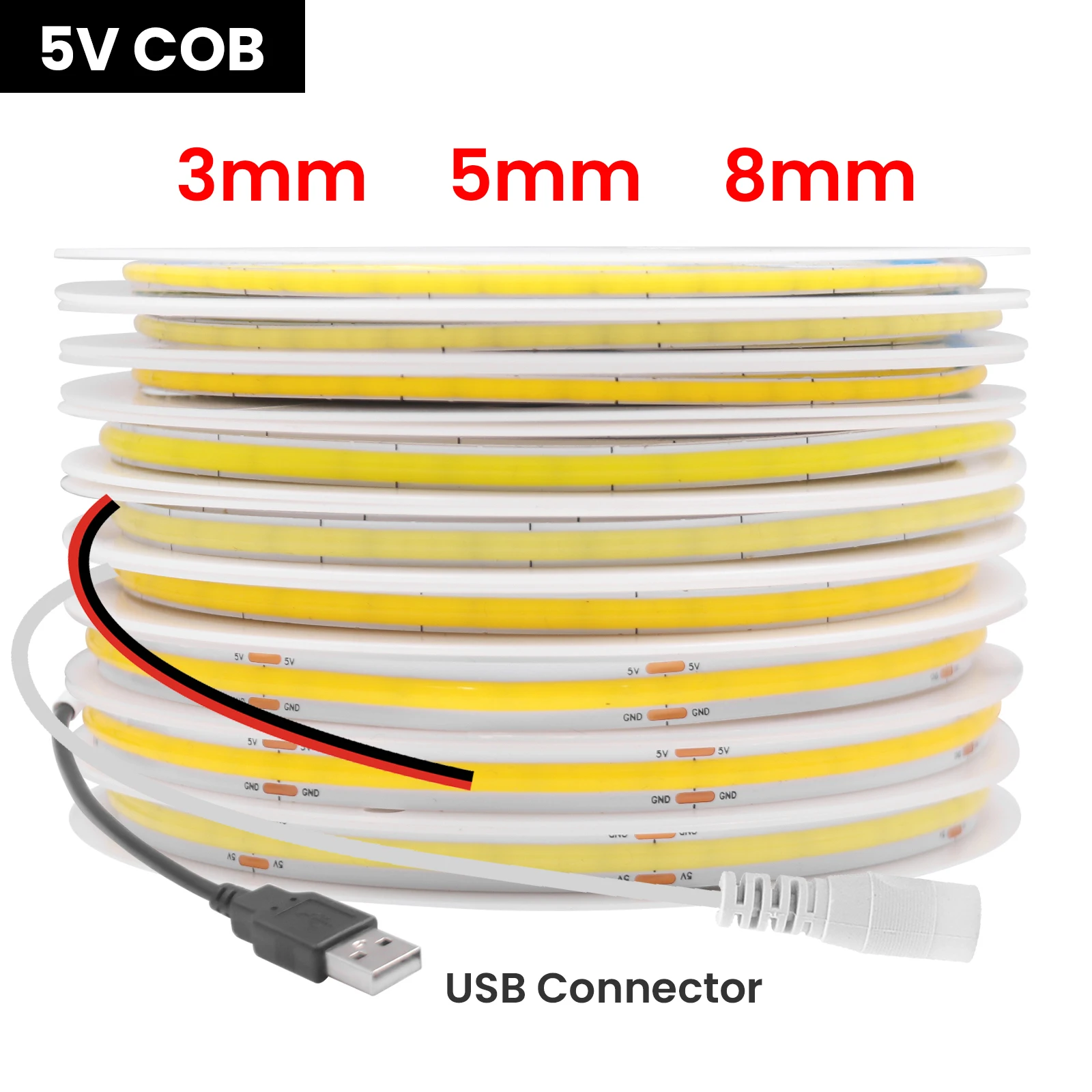 320LEDs/m COB LED Strip DC 5V High Density 3mm 5mm 8mm PCB Flexible  LED Tape COB Strip Light Bar White/Warm White/Natural White