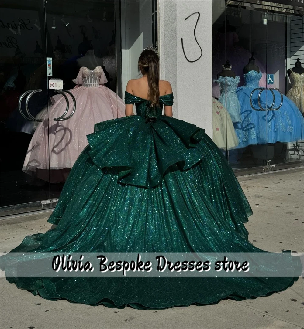 Mexican 2024 Dark Green Quinceanera Dresses Off The Shoulder Beaded Crystal Ball Gown Ruffle 15 Years Old Formal Prom Customized