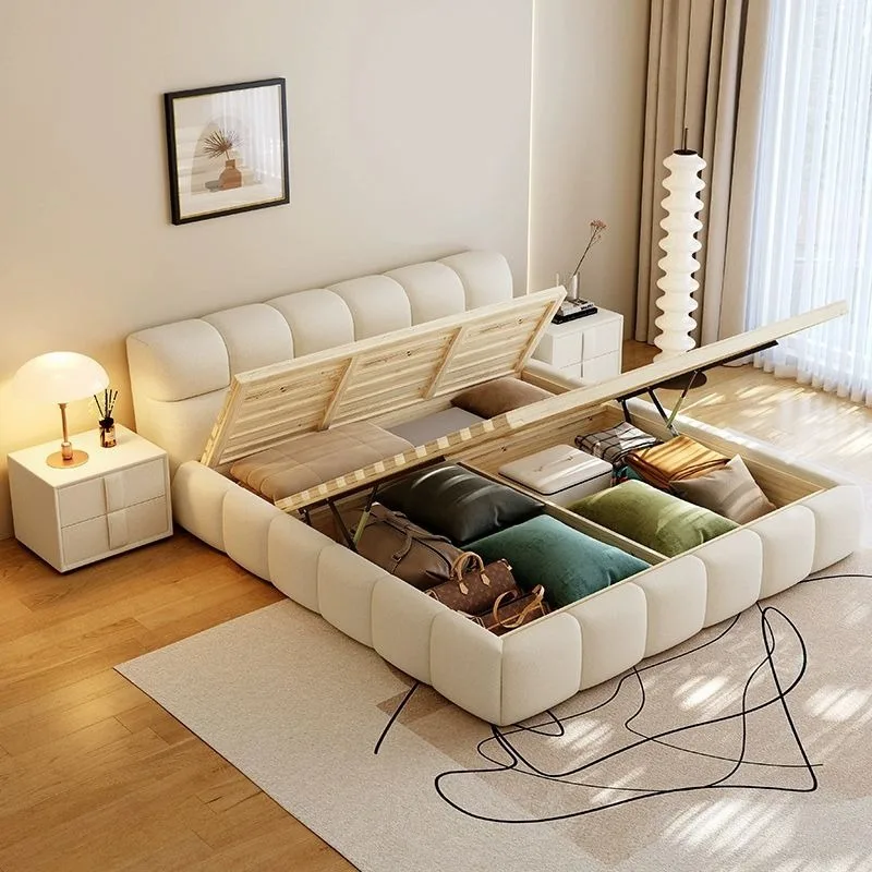 Cama con plataforma tapizada elegante y suave con cabecero de lujo y estructura de madera, ¡promoción de ventas!
