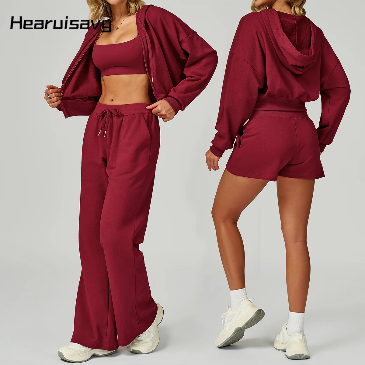 

Hearuisavy комплект из 2 предметов, женские осенне-зимние толстовки с капюшоном на молнии, свободный крой, прямые спортивные штаны на шнурке, спортивная одежда для спортзала