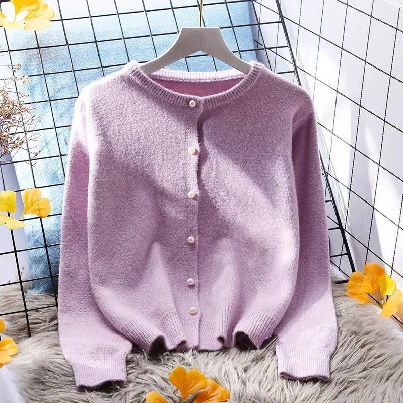 Pink White Purple Yellow Knitted Sweater Women Short Cardigan Spring Autumn Fashion O-Neck Long Sleeve Knit Tops Ladies Jumper