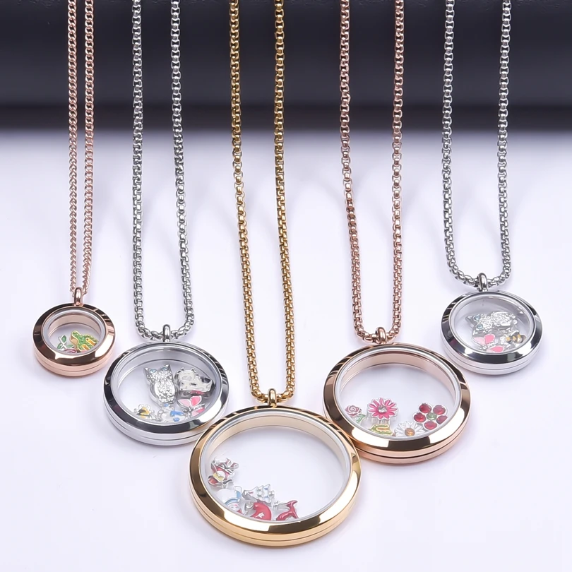 1Pc Stainless Steel 20-40mm Diy Women Glass Living Photo Locket Pendant Necklaces Clear Round Floating Relicario Collares Bulk