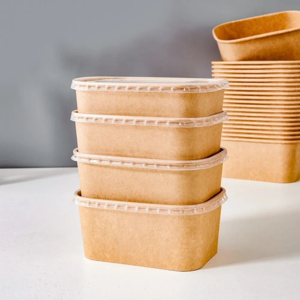 10PCS/Set Square Disposable Lunch Box Paper with Lid Kraft Paper Lunch Box Food Container Leak Proof Food Packing Box