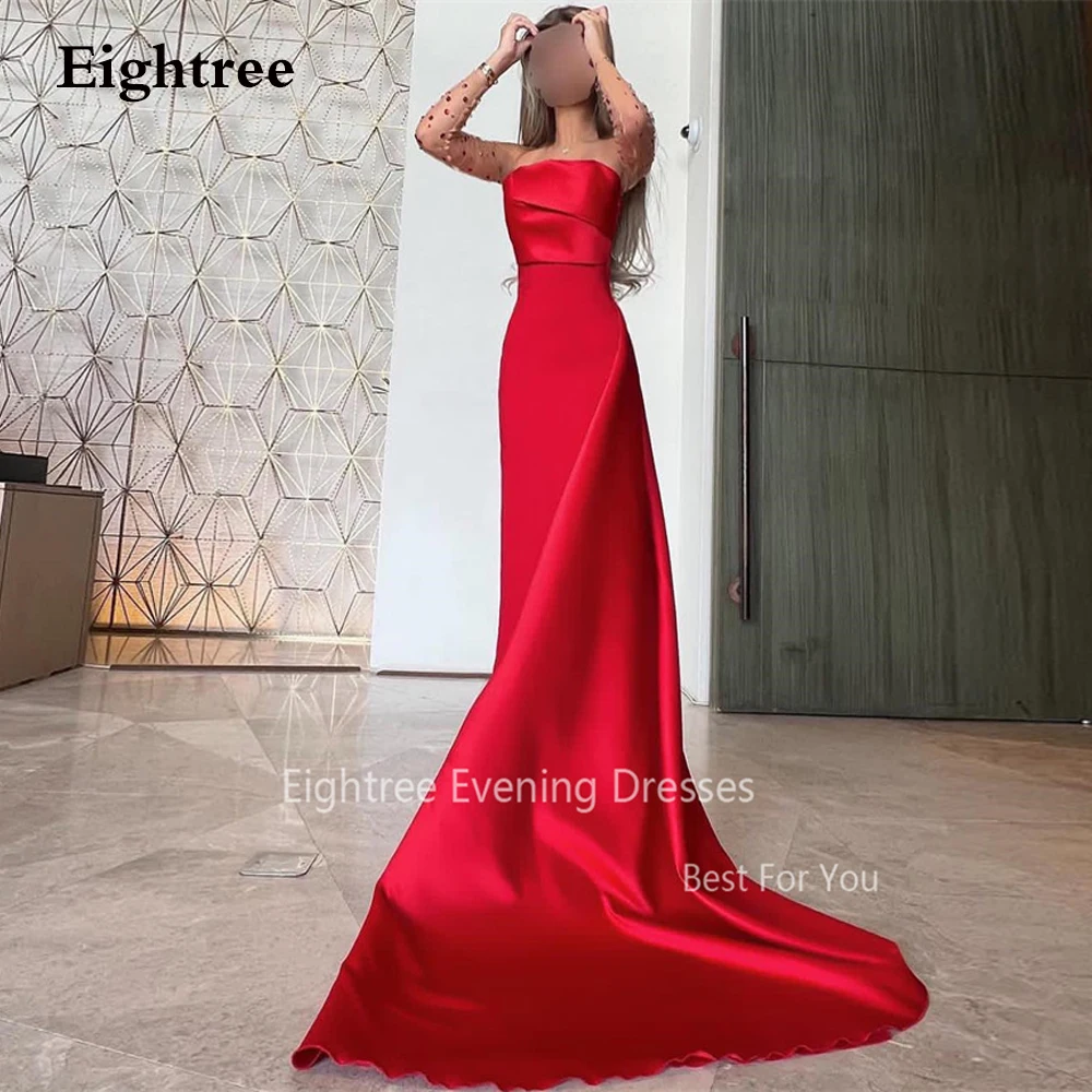 

Eightree Saudi Arabia Prom Dresses Mermaid Red Evening Dresses Strapless Beaded Sleeves Ankle Length Party Sexy Dresses Vestidos