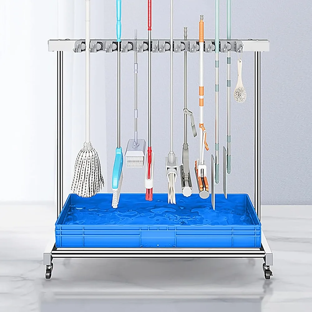 حامل ممسحة مكنسة قائم على الأرض مع تخزين عربة أدوات التنظيف ورف تصريف الممسحة المبللة لتنظيم أدوات الحدائق