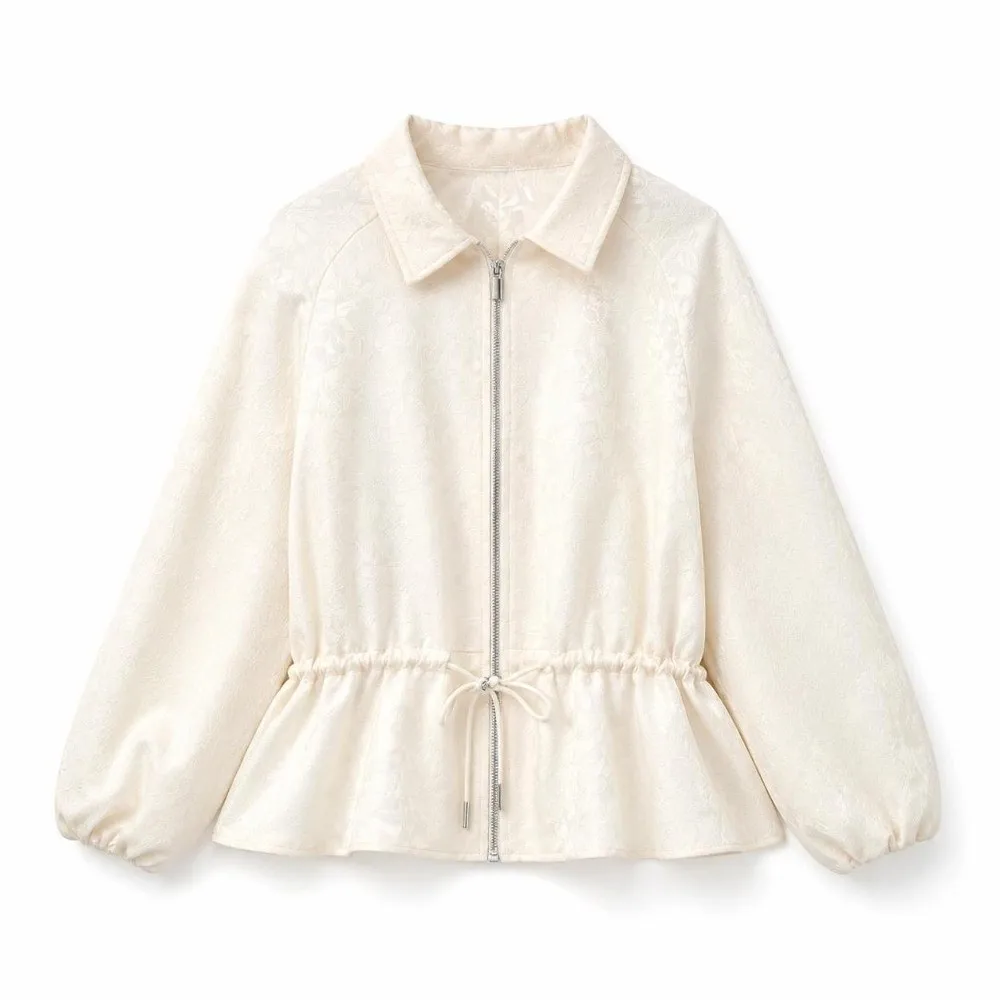 Casual Solid Color Women Jacket Zip Up Drawstring Waist Cropped Coat Jacquard Texture Peplum Hem Casual Outerwear Daily Wear