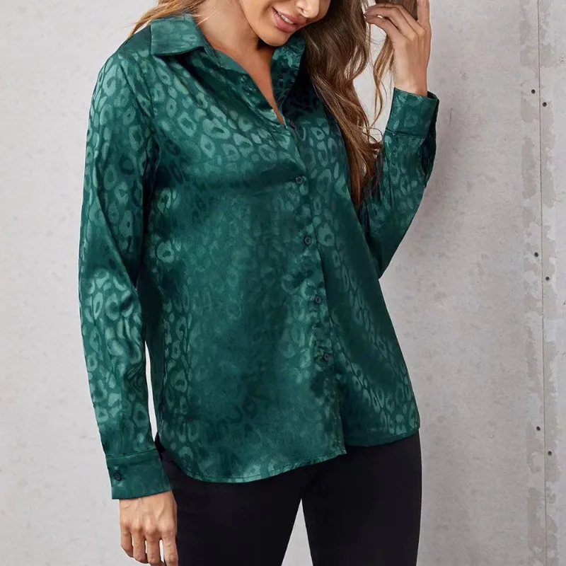 Spring and Autumn Women's Polo Collar Printed Leopard Button Long Sleeve Single Breasted Cardigan Chiffon Shirt Coat Casual Tops