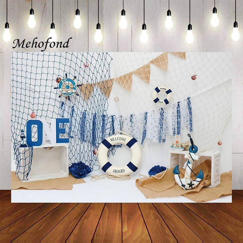 

Mehofond Photography Background Board Nautical Anchor Fishnet Seashell Boys Birthday Party Portrait Decor Backdrop Photo Studio