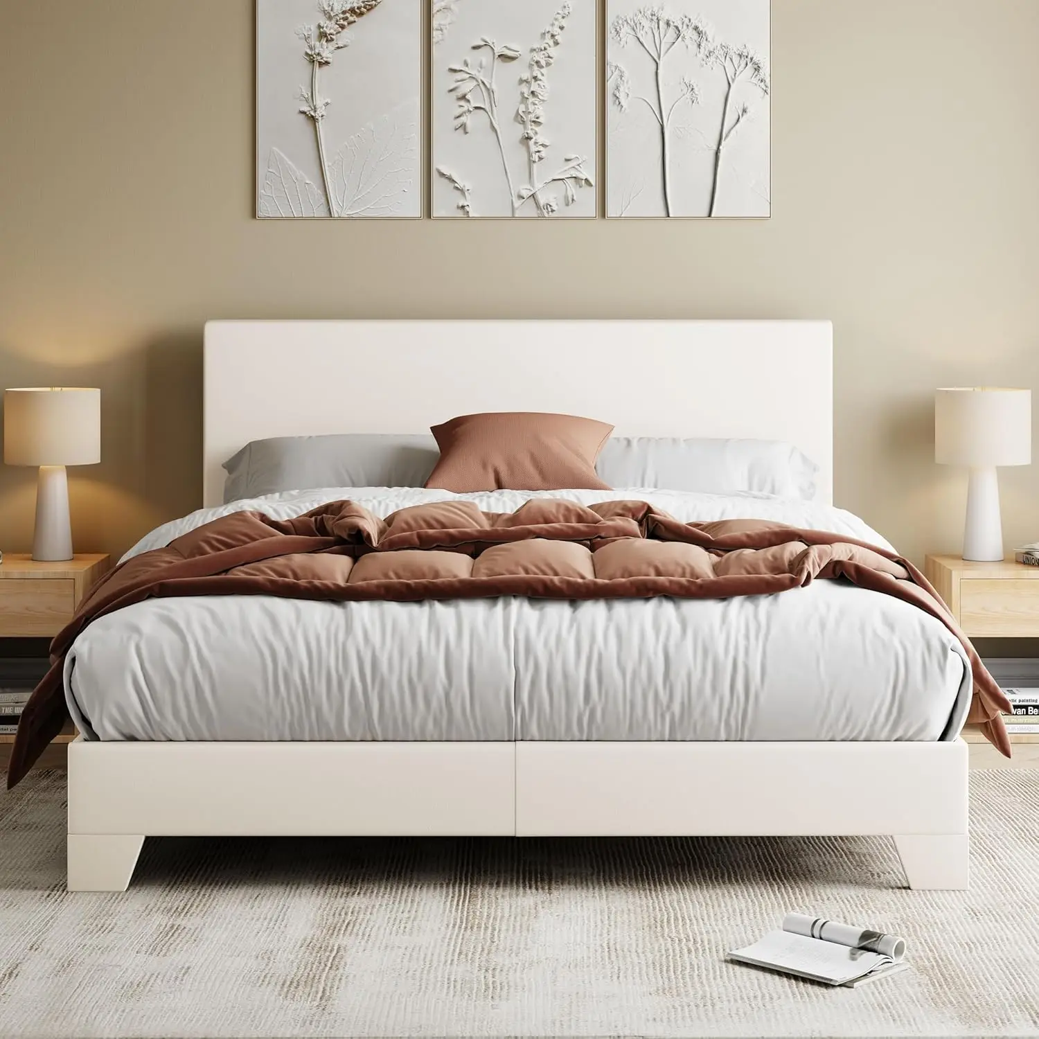 

Allewie Queen Size Bed Frame with Adjustable Headboard, Faux Leather Platform Bed with Wood Slats, Heavy Duty Mattress .