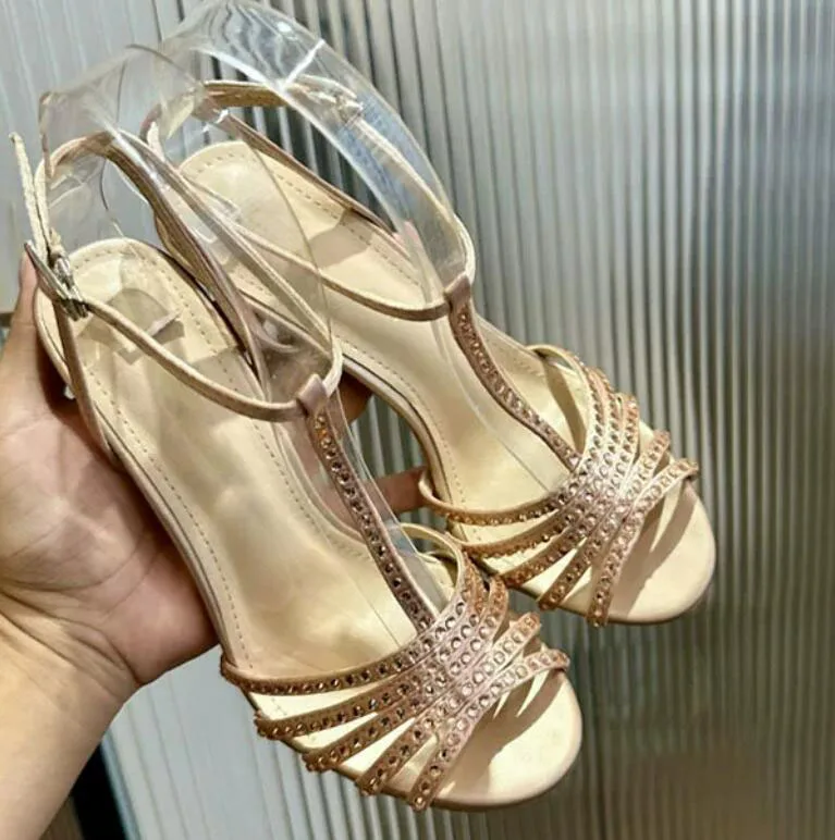 

Sexy Thin Drilled Rhinestone Strappy T-strap High Heels Sandals Women Cutout Peep toe wedding Sandalias Shoes
