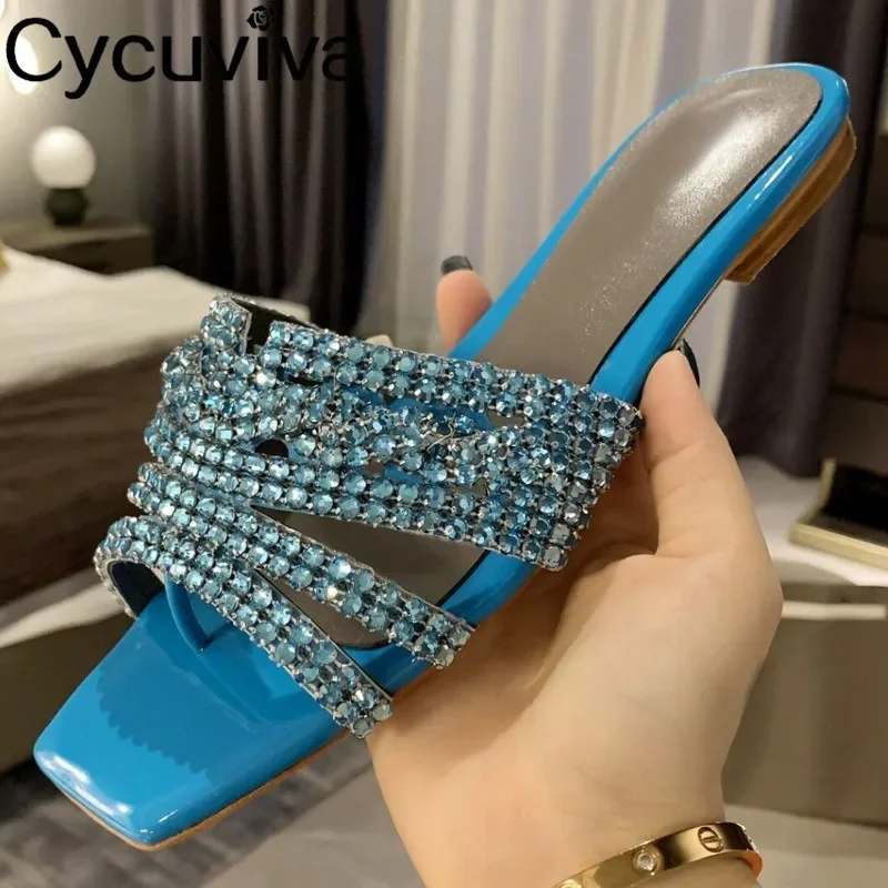 

Sexy Flat Rhinestone Slippers Women Open toe Casual mules flip flops beach Shoes 2024 Sandals Women Summer Gold Crystal Shoes