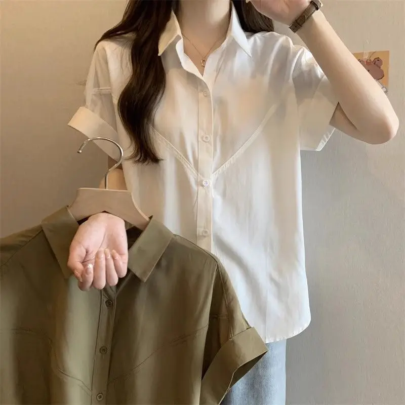 

Рубашки с коротким рукавом, женские жаккардовые лоскутные плиссированные топы с застежкой, офисный минималистичный современный элегантный OL Lady Professional Urban