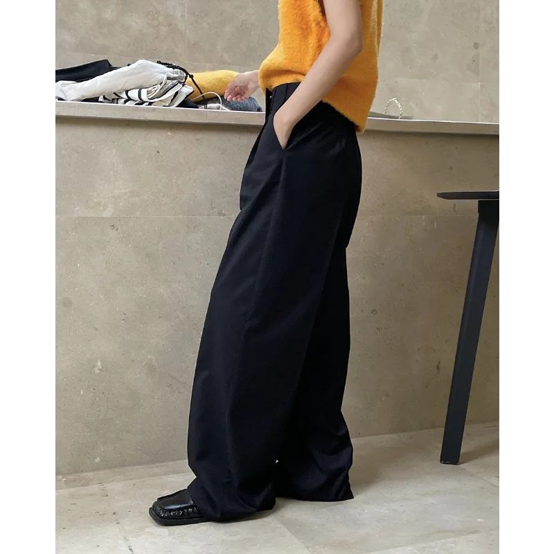 Korean Designer Tailored Trousers Wide-leg Women Asymmetrical Slanted Placket Loose High-waisted Suits Black Loose Pants Baggy