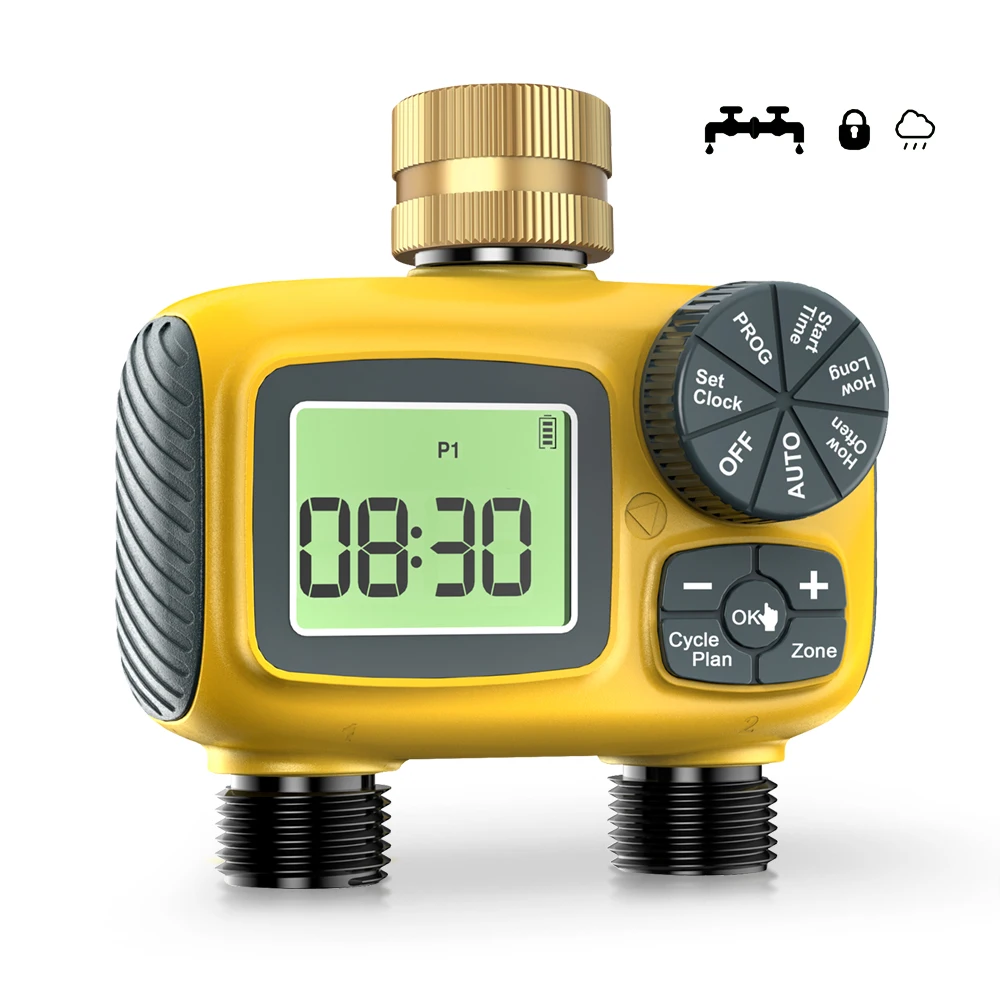 

Садовый таймер с двумя выходами, 2-сторонний программируемый контроллер орошения, 1-3 настраиваемые планы, задержка дождя, замок от детей, память выключения питания