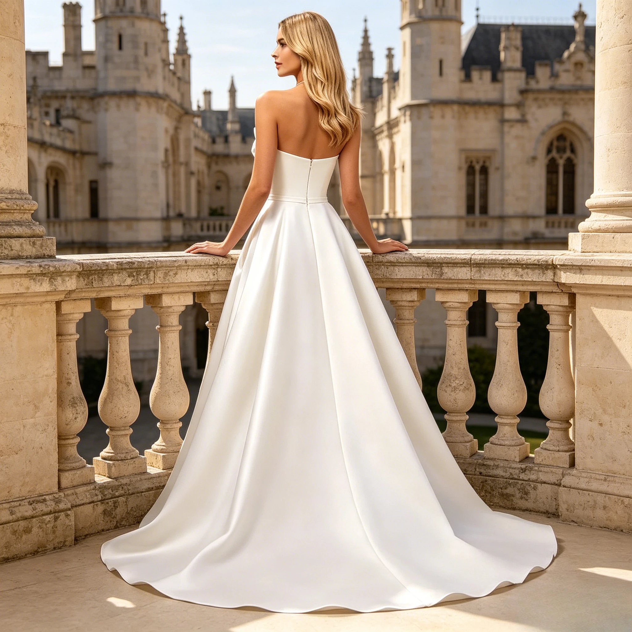 Customized Minimalist Satin A-Line Wedding Dress Strapless Deep V Big Side Bow High Slit Pockets Sweep Train Elegant Bridal Gown