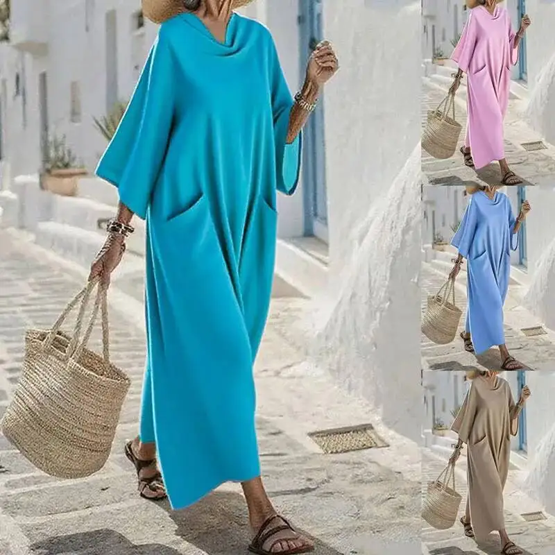 مثير س الرقبة كم الصلبة المرأة أنيقة عالية الخصر الساتان فضفاض فستان الحفلات ربيع الخريف موضة ثنيات فساتين طويلة