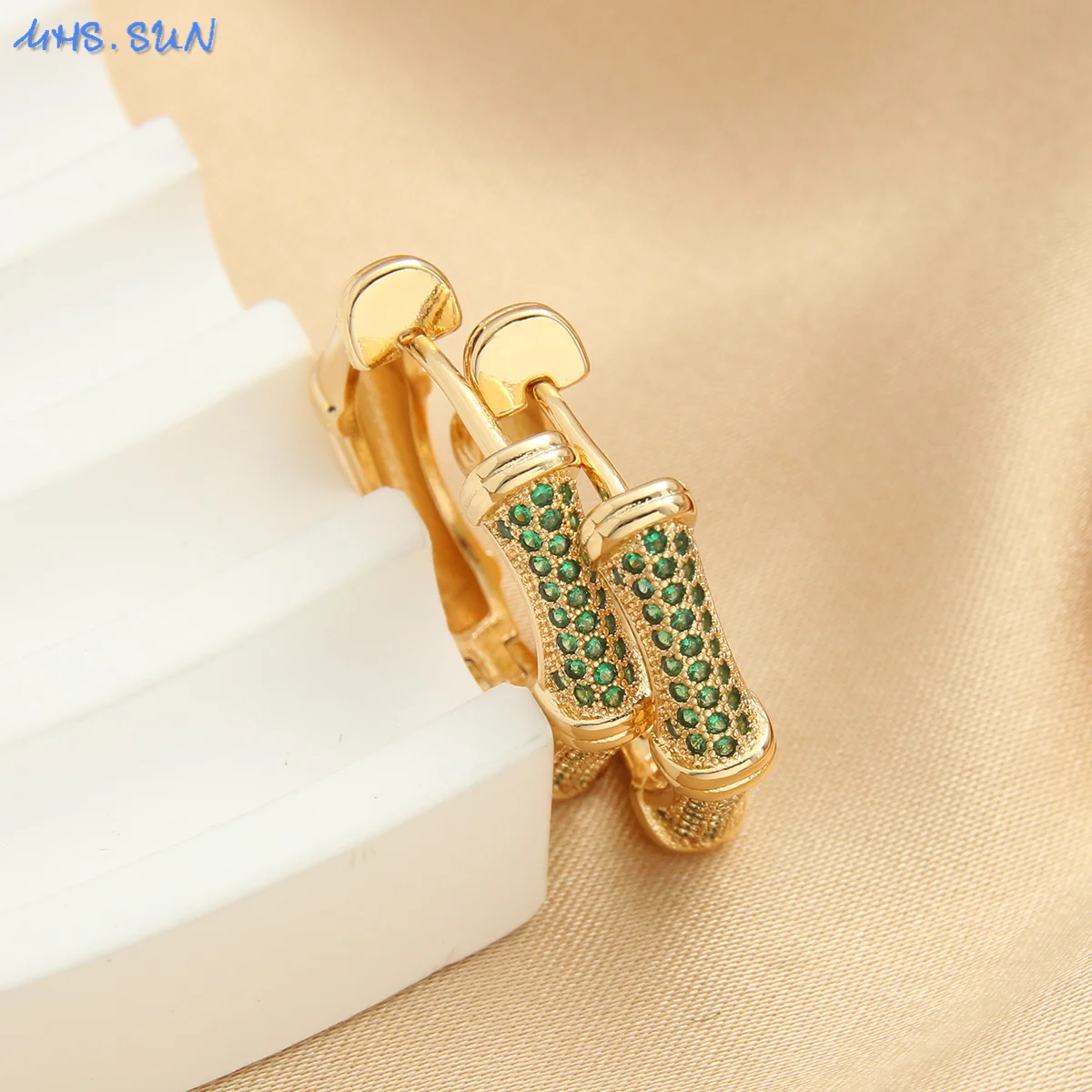 MHS.SUN Luxury Geometry Bamboo Hoop Earrings Gold Plated Zircon Circle Huggie Copper Hiphop Jewelry For Women Girls Wedding Gift