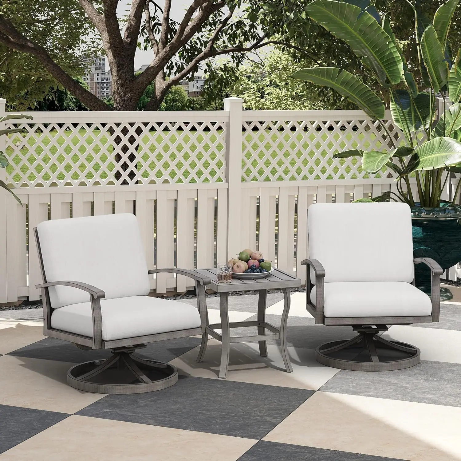 3-teiliges Terrassen-Bistro-Set, Terrassenmöbel-Set aus Aluminium mit tiefem Sitzkissen, drehbare Stühle, 2er-Set mit Seite