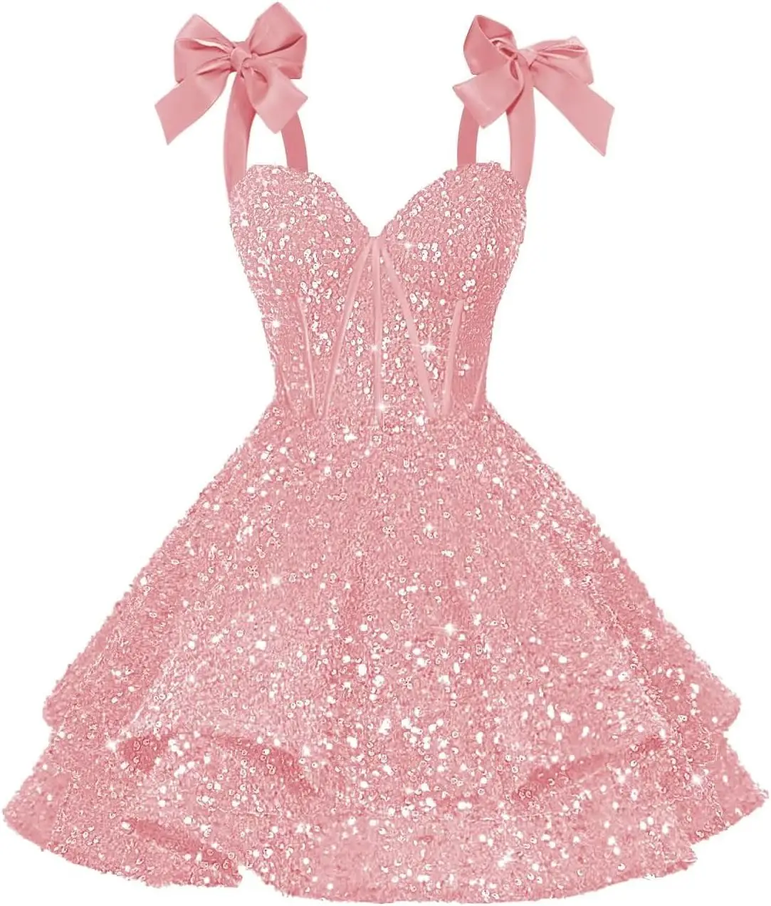 

Sparkly Sequin Bows Homecoming Dresses 2026 Short Spaghetti Straps Tiered Satin Sweet 16 Prom Cocktail Dress Above Knee , Mini