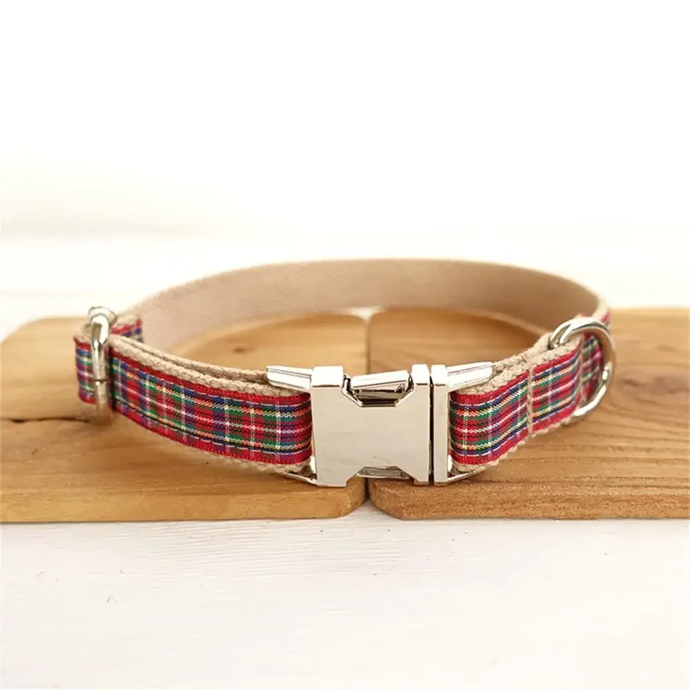 Personalized Dog Collar with Free Engraving, Matching Pet Leash,Customzied Contacts Metal Buckle,Red Plaid Pet Collar