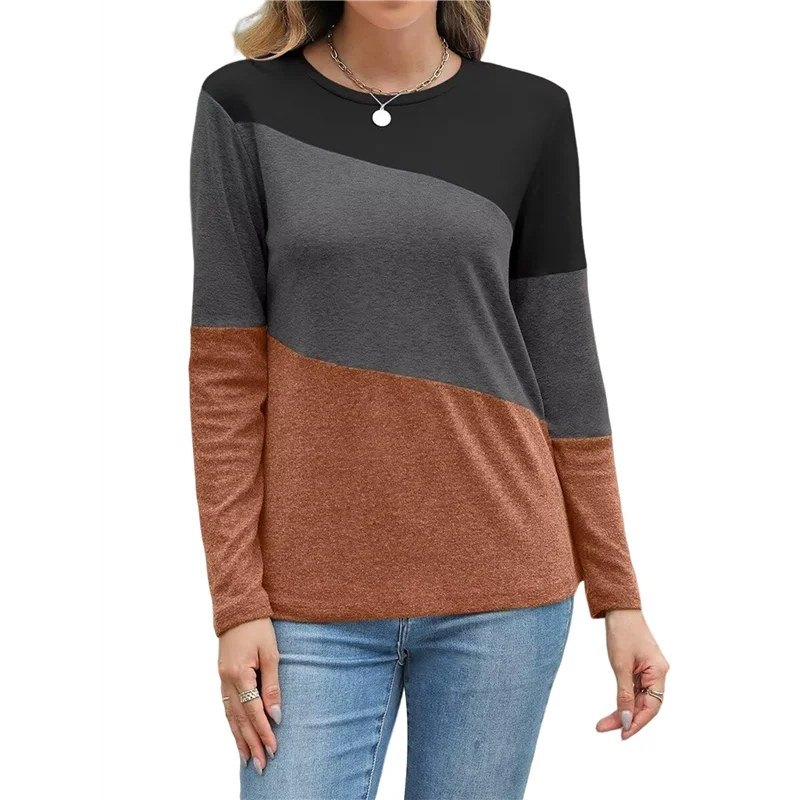 ABP-Tops de bloques de color para mujer, camisas informales de manga larga con cuello redondo y túnica