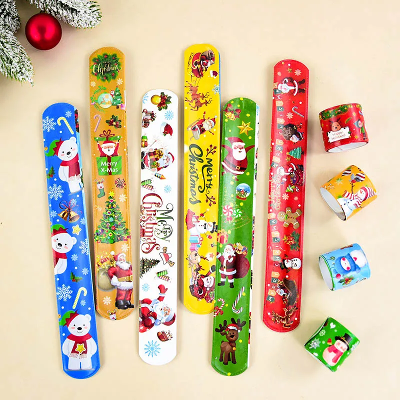 10Pcs Christmas Slap Bracelet Snowman Santa Claus Papa Circle Christmas Pat Ring WristBand Children Toy Gift Xmas Party Supplies