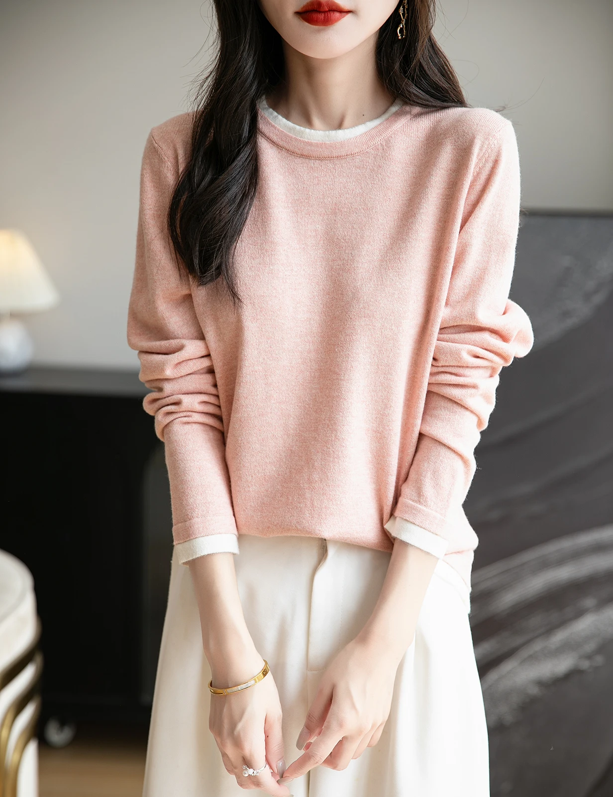 Top Women O Neck Thin T-Shirt Knit New Pullover Summer Spring Fashion Basic Long Sleeve Wool Fake Two Pieces Soft Woman Clothing