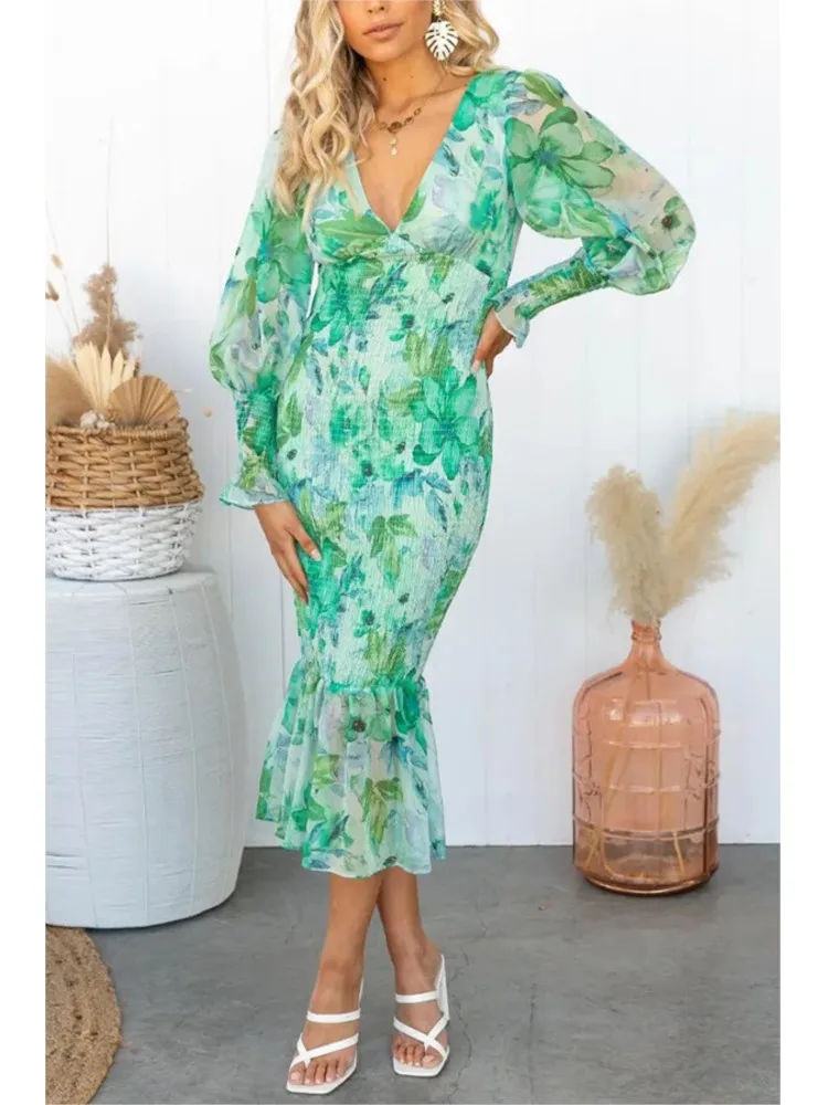 Jupe à volants imprimée à la mode pour femmes, taille élastique, manches longues, robe sexy à col en V, vêtements d'automne, nouveau style