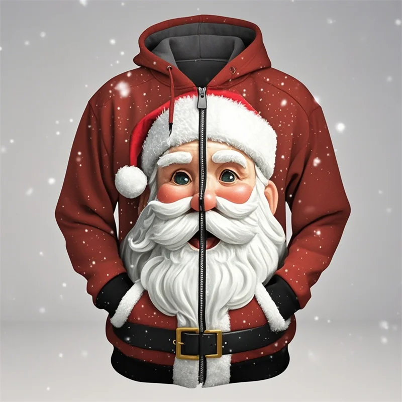 New Christmas Santa Claus 3D Print Zipper Hoodies Men's Autumn Fashion Hooded Sweatshirts Oversized Tracksuit Coats Kid Clothing