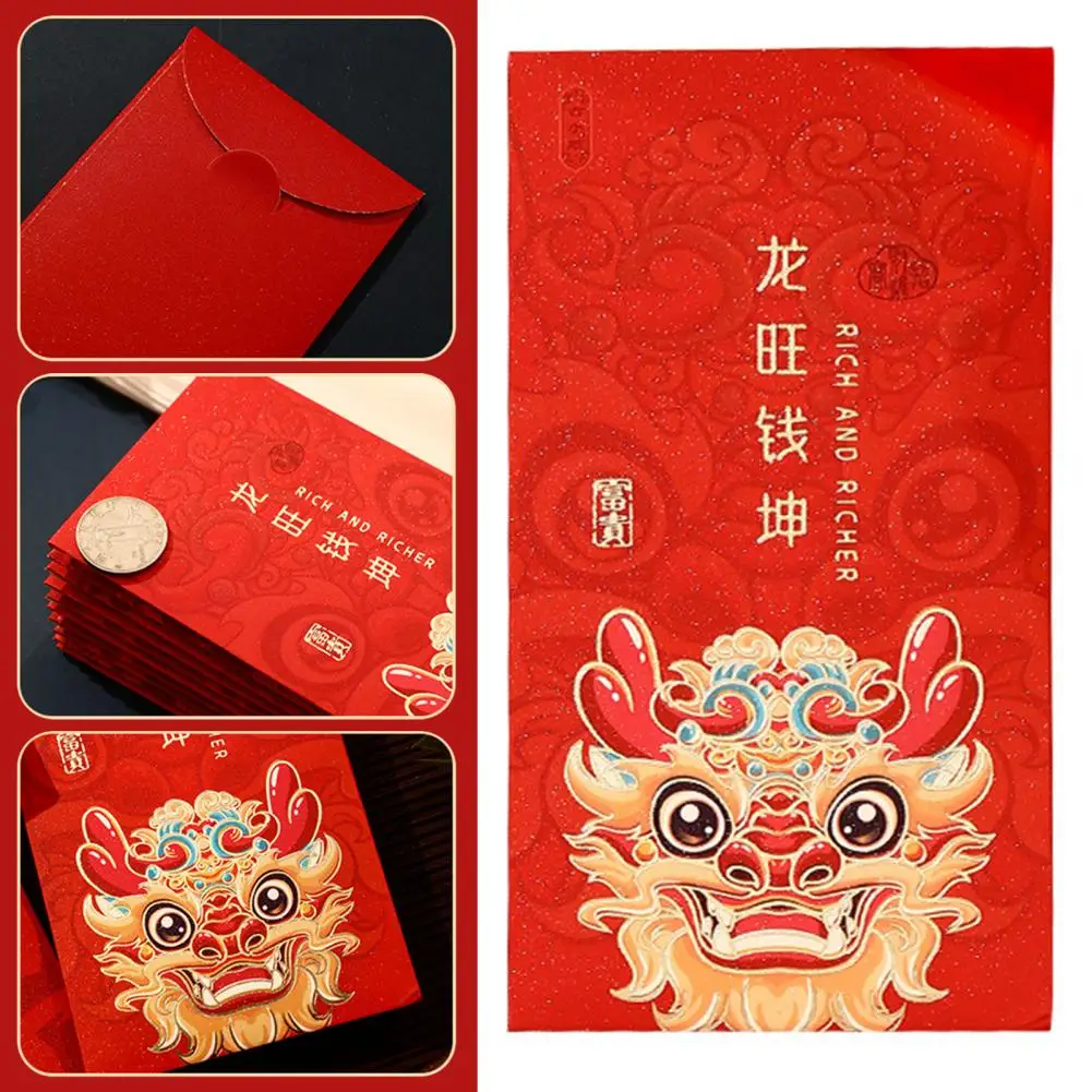 6Pcs Red Envelope 2024 Dragon Year Red Envelopes Cartoon Design Spring Festival Red Bag for Chinese New Year Festive Gifts