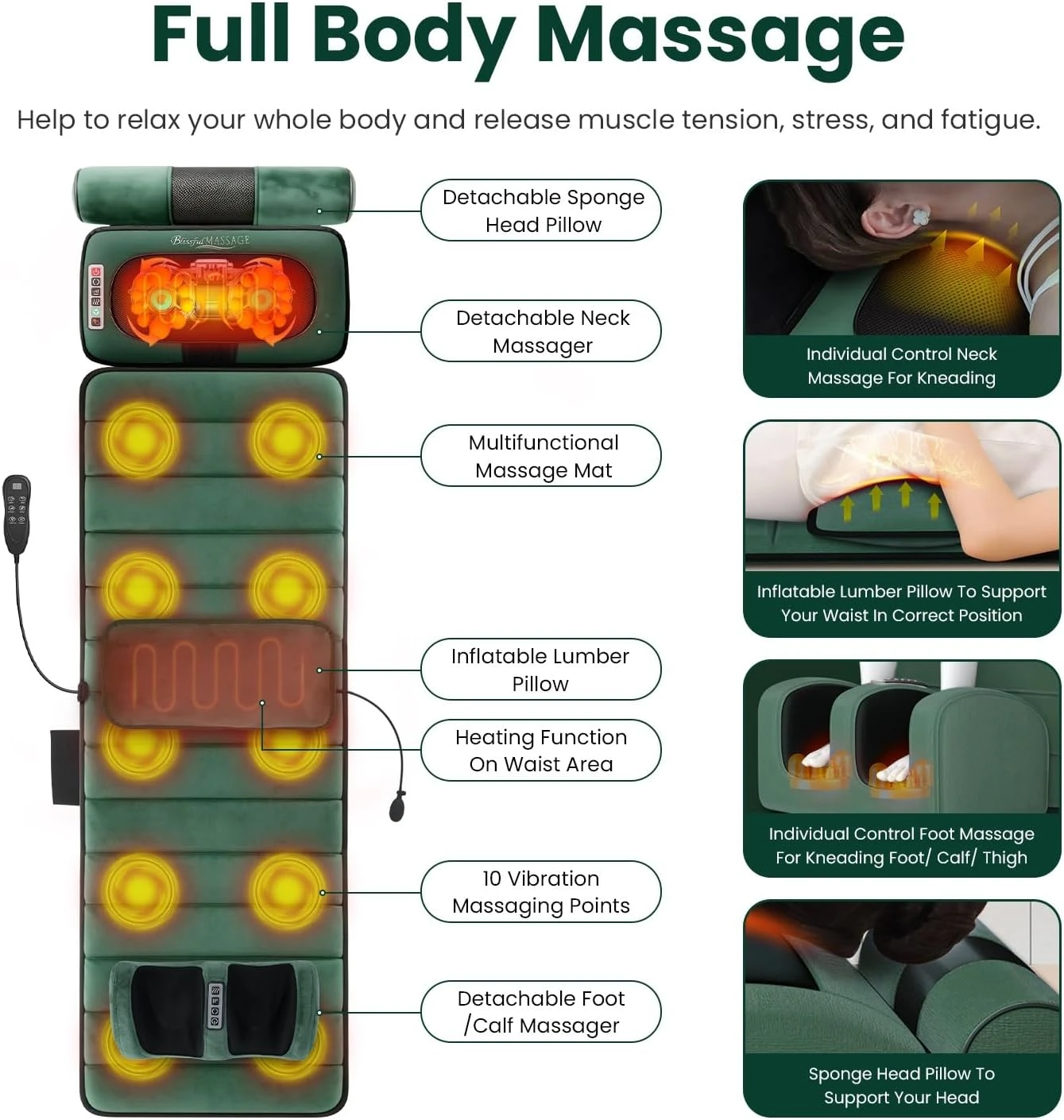 Complete Body Massage Mat Featuring Shiatsu Neck Massager, 3D Lumbar Support, Back Heating, 10 Vibration Motors, Comprehensive Body Massager for Neck, Back, Waist, Hips, And Legs