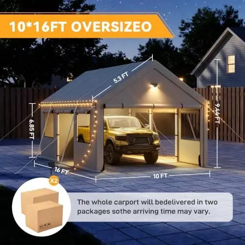 10X16 Carports Heavy Duty，Portable Car Port Garage，Carport Canopy with Side Door，Outdoor Car Shelter All Weather,Gray