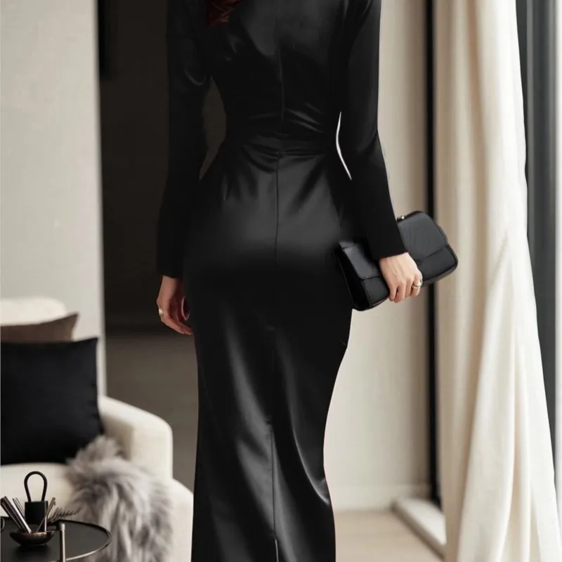 サテンロングスリーブドレス Vネック レースアップ ウエスト エレガントドレス ウエストマーク 春秋新作 ミディアム丈ワンピース レディース