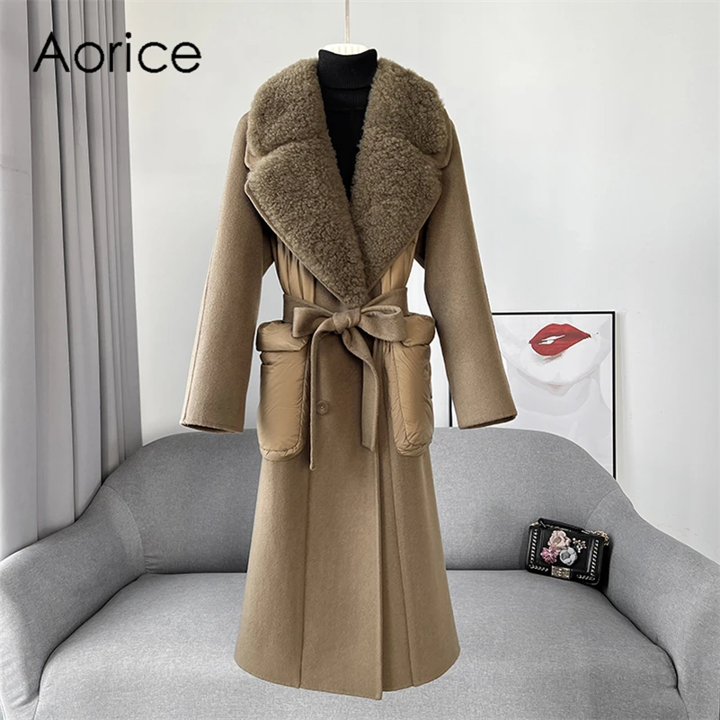 Aorice Women Luxury Winter Wool Jacket Down Coat Femal Sheep Fur Collar Coats Lady Long Over Size Parka Trench CT2155