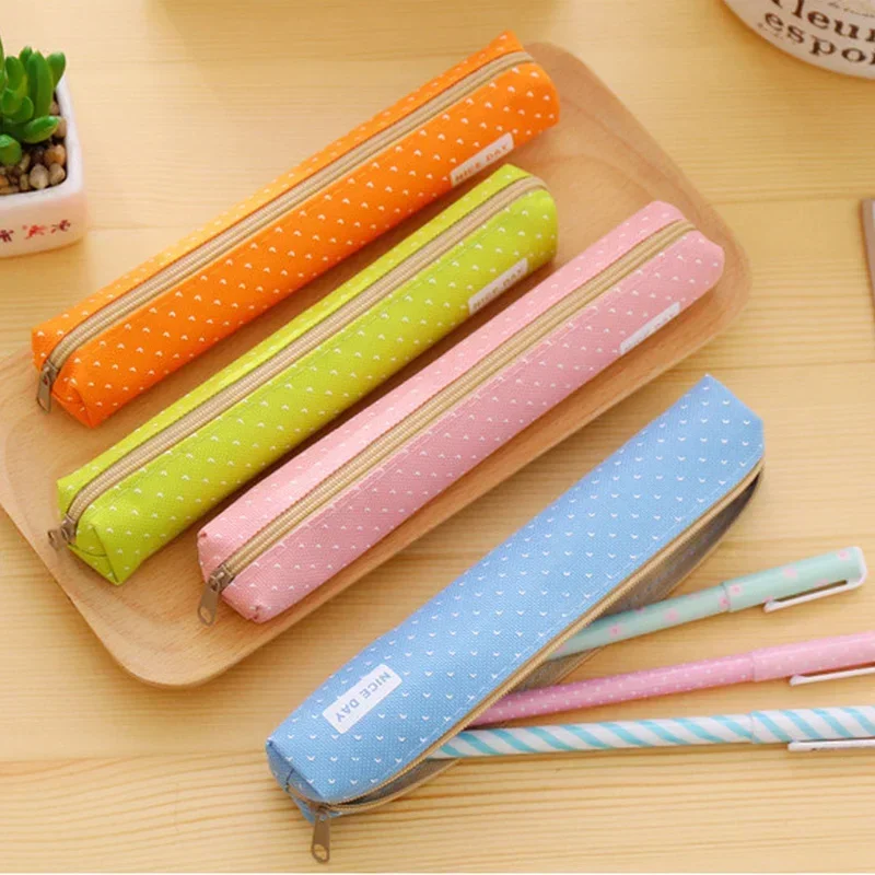 Candy Color Dots Pattern Pencil Bag Case Strip Shaped Canvas Zipper Pens Bag Cosmetics Makeup Brushes Storage Bag Organizer