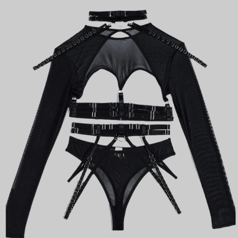 

Toucheart Sexy Lingerie 3-Piece Set For Women Mesh Material Halter Girdle Kit Sexy Mesh Hollow Out Long Sleeves Underwear Suit