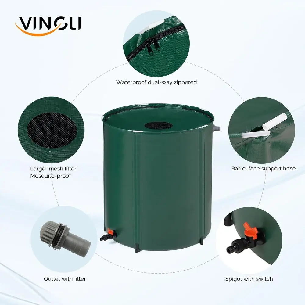 66 Gallon Foldable Rainwater Barrel, Portable Storage Tank with Filtered Spigot and Overflow Kit