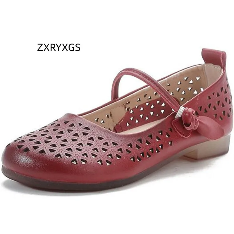 

ZXRYXGS 2023 Breathable Hole Hollow Genuine Leather Sandals Mom's Shoes Comfortable Soft Sole Flats Mother Shoes Woman Sandals