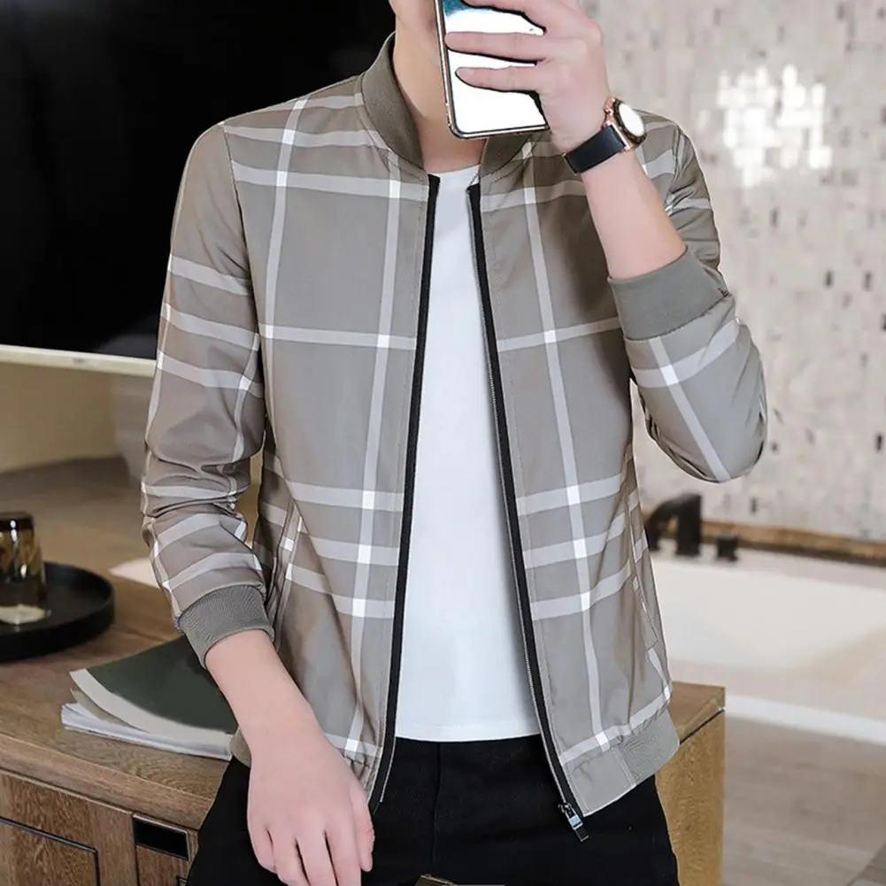 

Men Jacket Stand Collar Male Dressing Relaxed Fit Checkered Coat Baseball Jacket for Trip