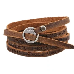 Vintage Bohemian Multilayer Bracelet Wrap Genuine Brown Leather Bracelet For Men And Women Embossing Letter Bracelets