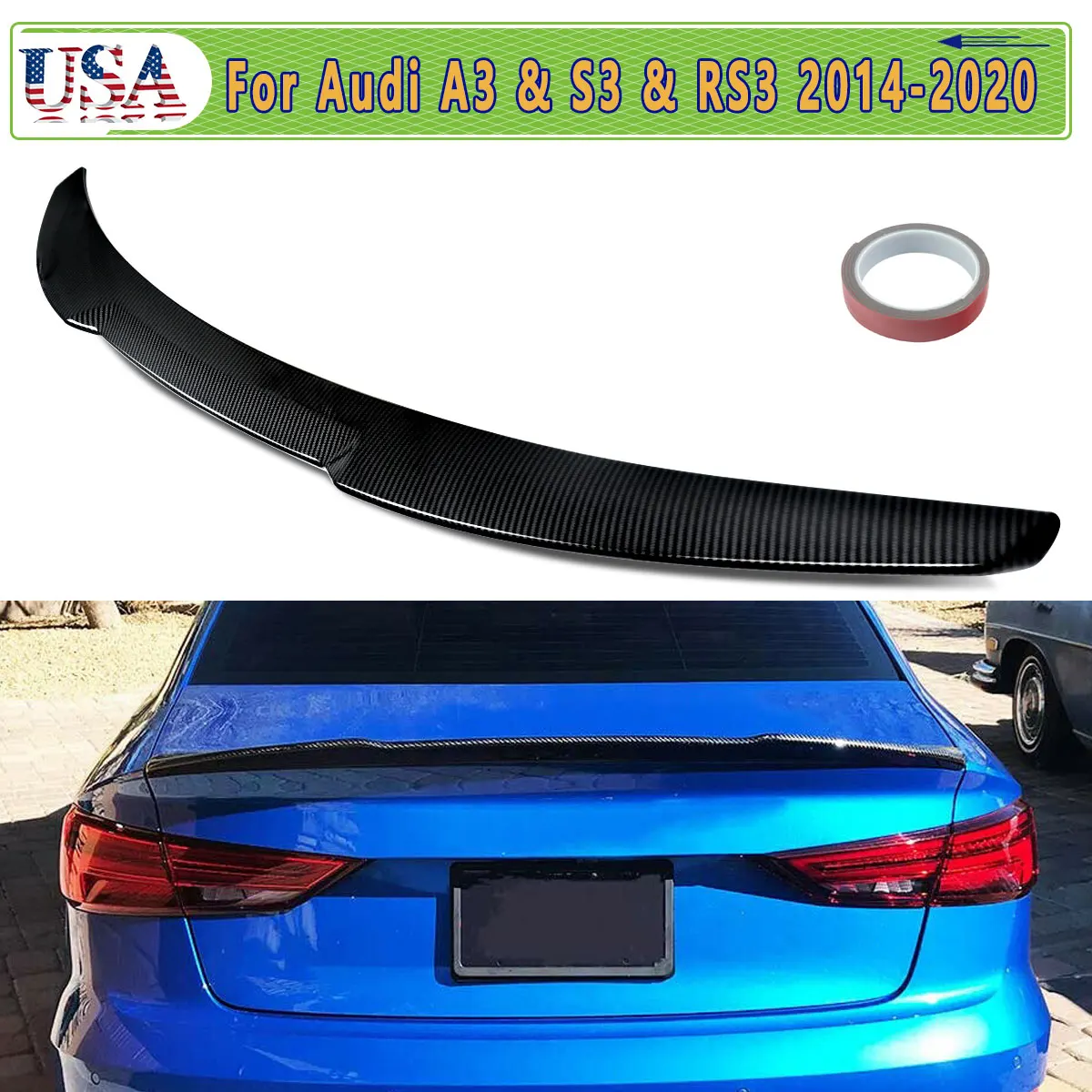 For Audi A3 S3 RS3 Sedan 2014-2020 V-Type  Car Spoiler Wing Body Kit Carbon Fiber Style Accessories Rear Trunk Spoiler