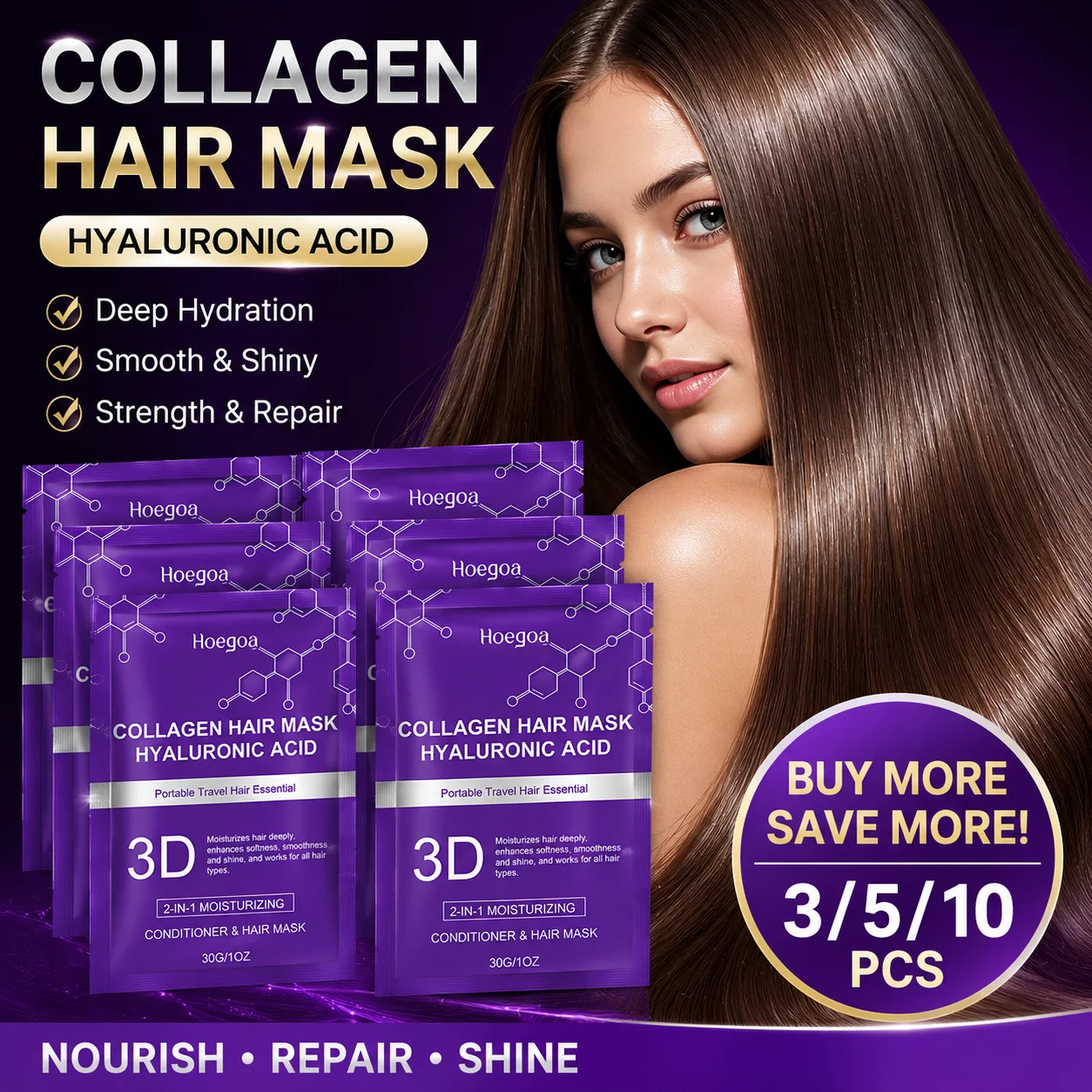 1/3/5/10pcs Collagen Hair Mask Hyaluronic Acid Deep Moisturizing Hair Repair Conditioner Portable Travel Hair Care 30g