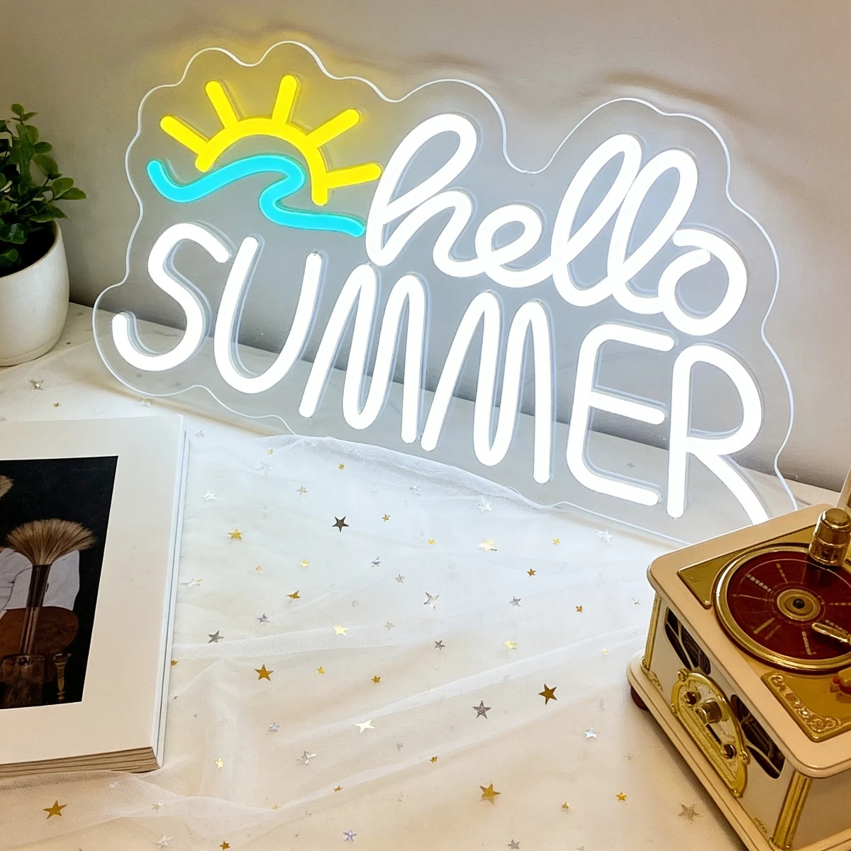 Hello Summer Sun Wave Neon Light Sign Dimmable LED Wall Light Beach Shop Surf Club Vacation Home Patio Summer Party Decor Lamp