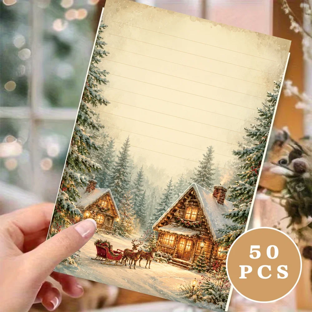50 Sheets,  Christmas Winter Forest themed Writing Paper, Lined, Gluefree, Perfect for Notebooks, Memos, and Stickers