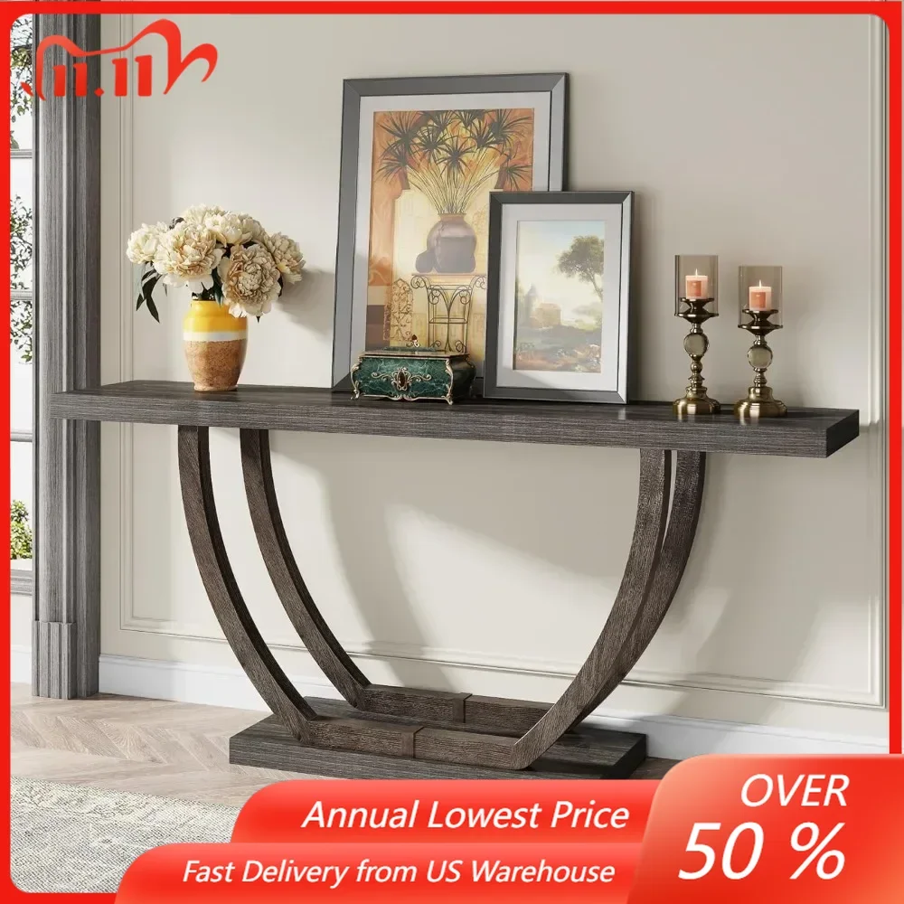 63-Inch Skinny Console Table with Geometric Base 2-Tier Farmhouse Sofa Table Narrow Long, Thickened Behind Couch Table