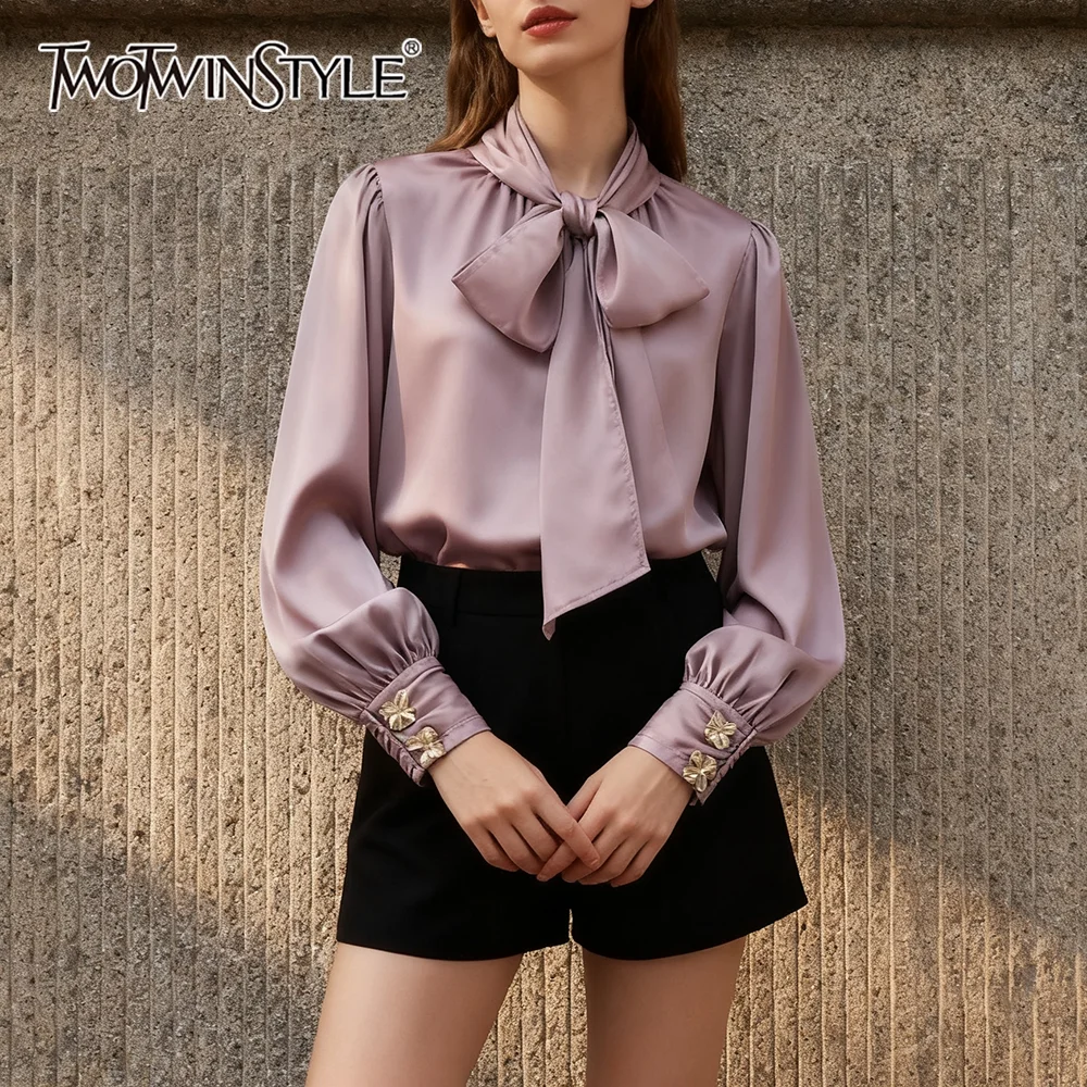 

TWOTWINSTYLE Solid Elegant Evening Blouse for Women Scarf Collar Lantern Sleeve Spliced Metal Decoration Chic Style Shirt Female